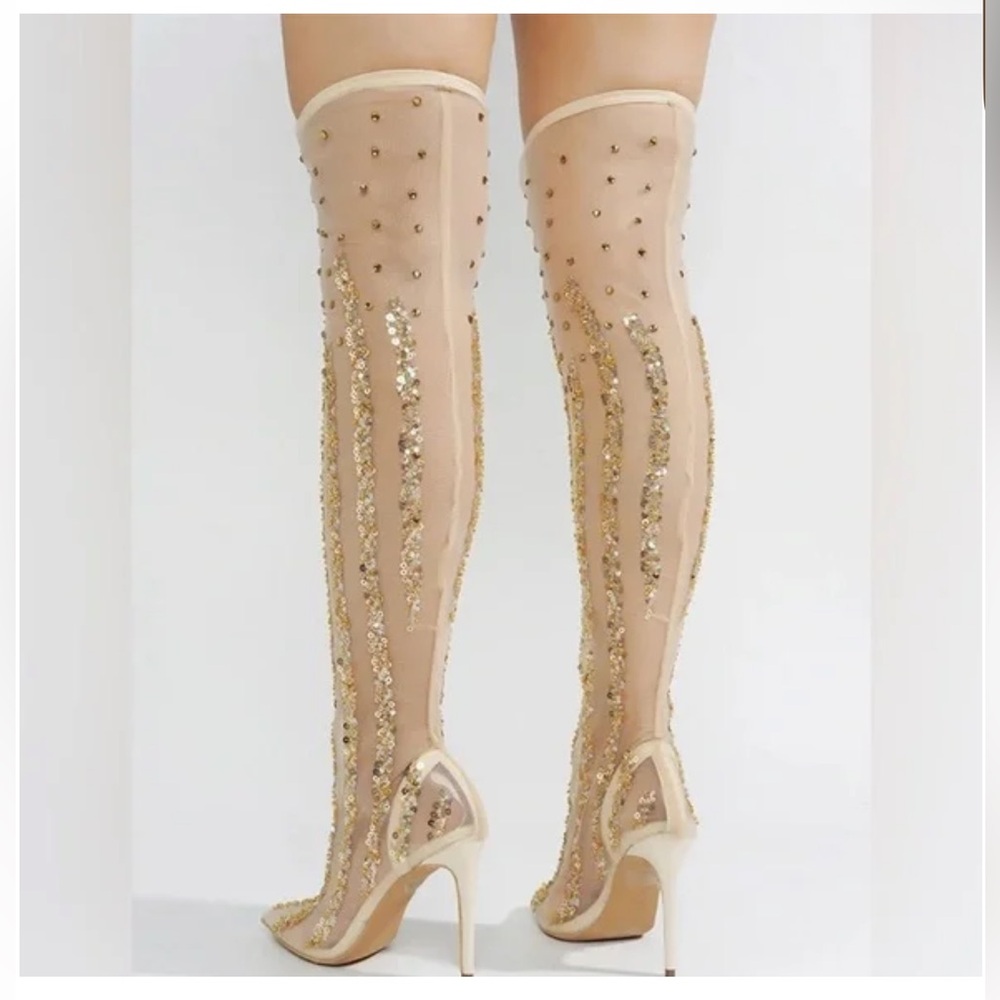 Sequin Embellished Sheer Beige Stiletto Thigh High Boots by Cape Robin